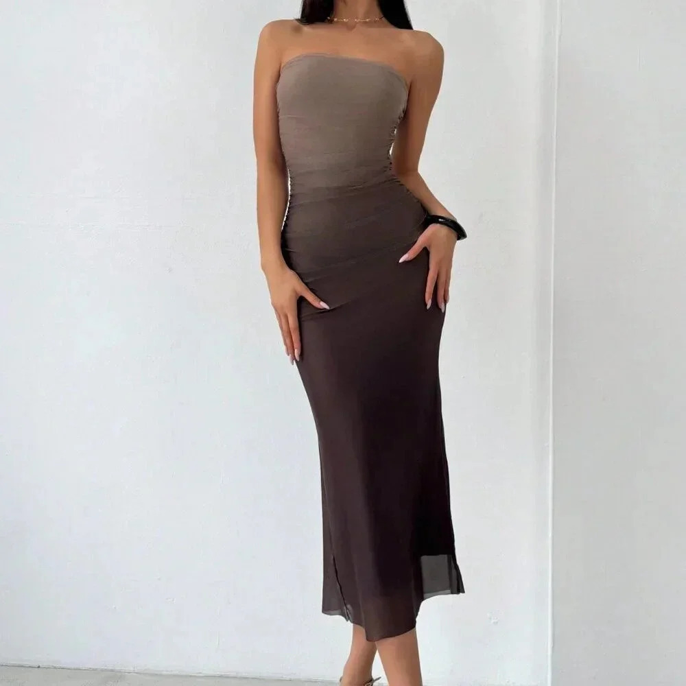 Multicolor Elegant Women's American Style Gradient Mesh Strapless Bodycon Dress